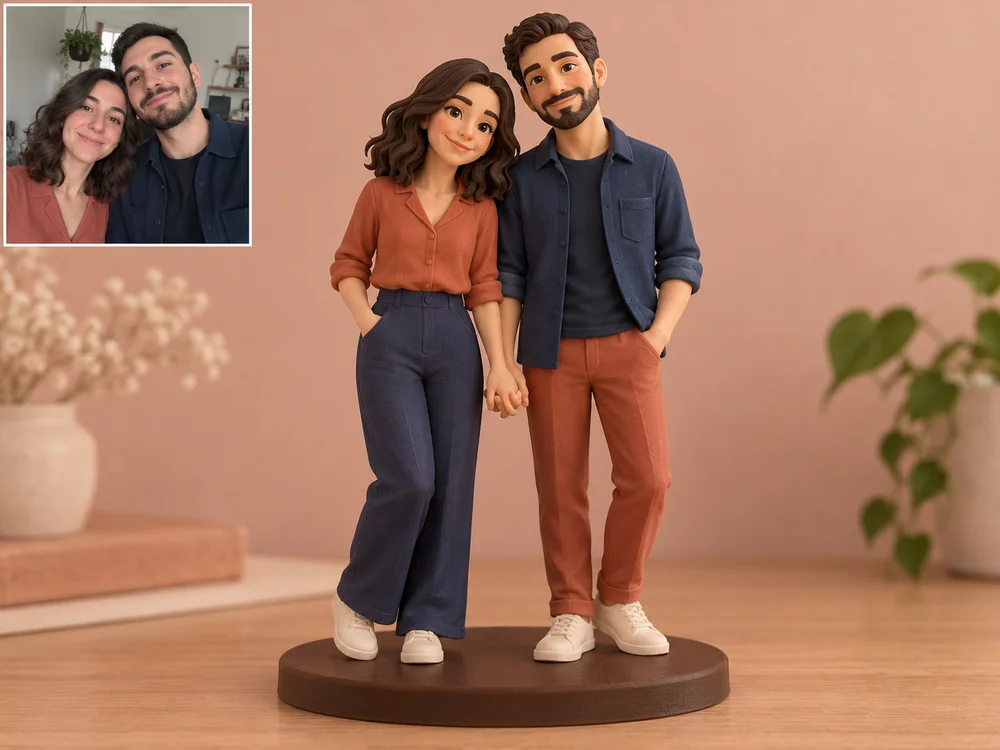 Illustrative two-person figurine holding hands on one base with a matching fictional couple selfie