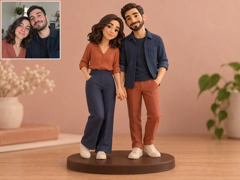 Illustrative two-person figurine holding hands on one base with a matching fictional couple selfie