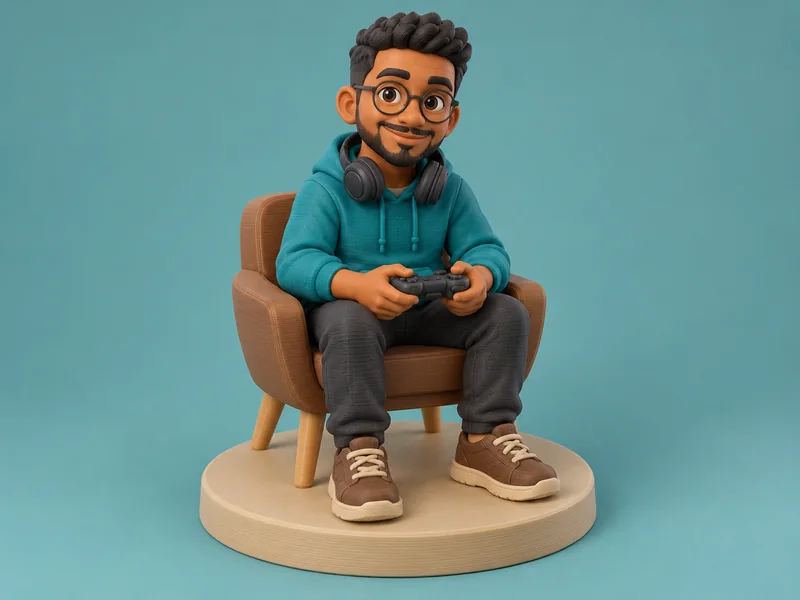 AI-generated design example: Fictional Controller Champion figurine in a teal hoodie seated with an unbranded controller