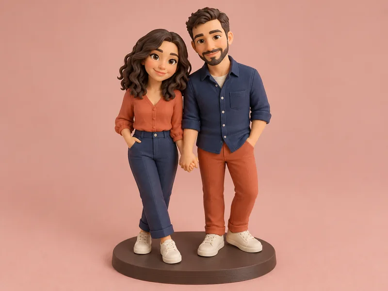 AI-generated design example: Two fictional adults in everyday clothes holding hands on one display base