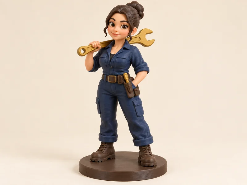 AI-generated design example: Fictional mechanic figurine in navy coveralls holding a chunky wrench