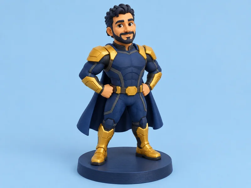 AI-generated design example: Original navy-and-gold Sky Guardian figurine with a short cape and hands on hips