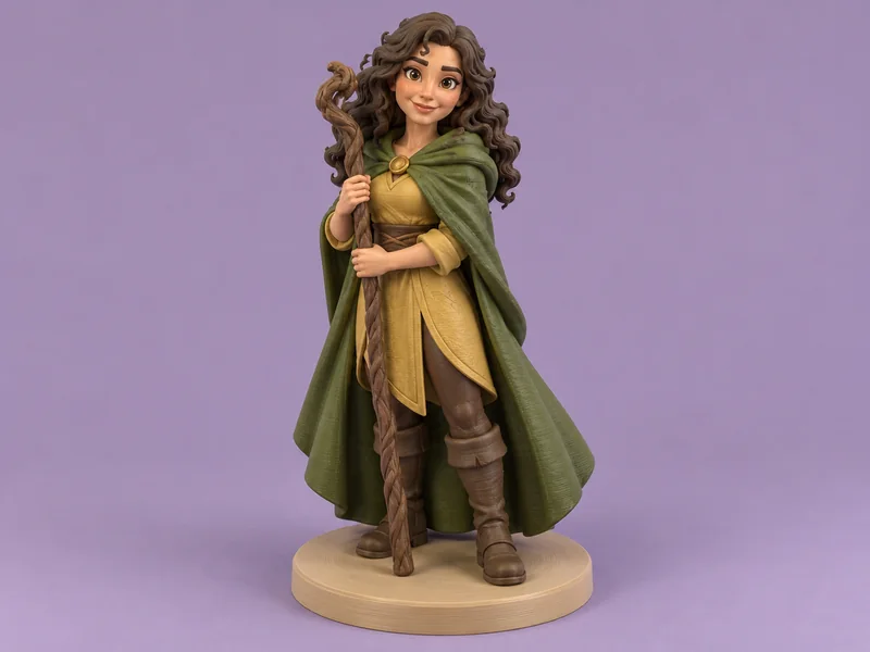 AI-generated design example: Original Woodland Mage figurine in a moss-green cloak with a thick supported staff