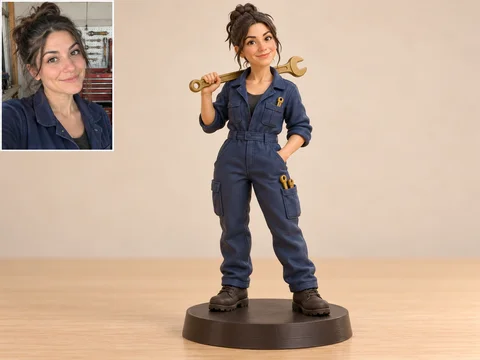 Illustrative mechanic figurine holding a wrench with a matching fictional tradesperson photo