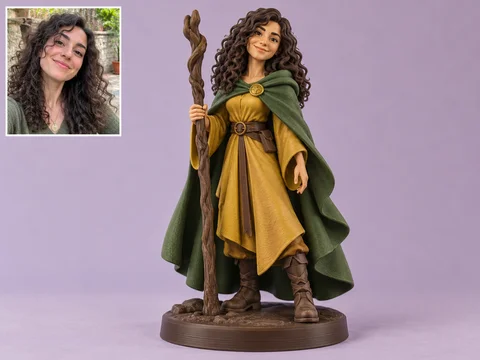 Illustrative original woodland mage figurine with a thick supported staff and matching fictional portrait