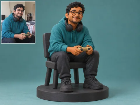 Illustrative seated gamer figurine in a teal hoodie holding an unbranded controller, with matching fictional photo