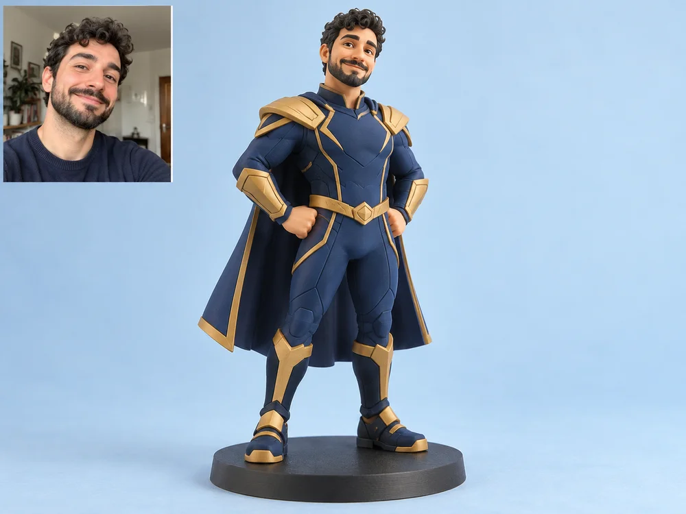 Illustrative original navy-and-gold hero figurine beside a matching fictional phone portrait