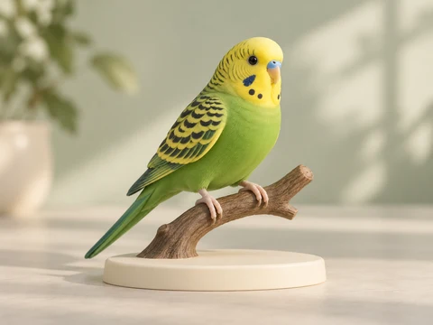 Illustrative concept of a green-and-yellow budgerigar figurine on a low perch