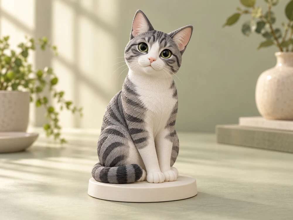 Illustrative grey-and-white cat figurine showing a coloured finish