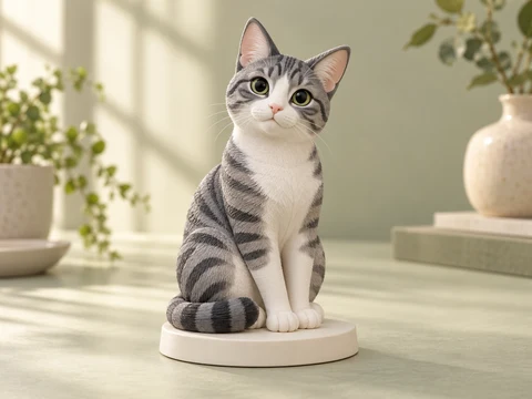 Illustrative concept of a seated grey-and-white cat figurine with a wrapped tail