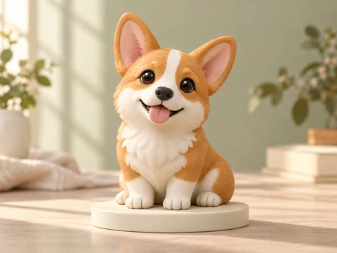 Illustrative concept of a tan-and-white corgi figurine with a cheerful expression
