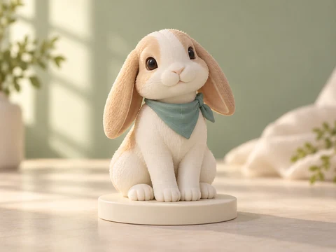 Illustrative concept of a lop-eared rabbit figurine wearing a small teal bandana