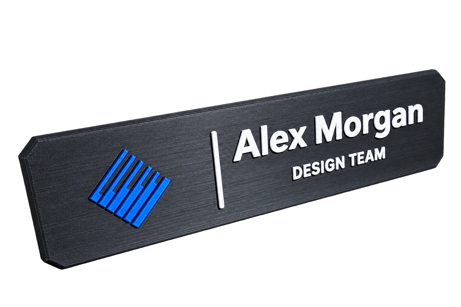 Black printed nameplate with blue accent and fictional Alex Morgan lettering, isolated from its original background