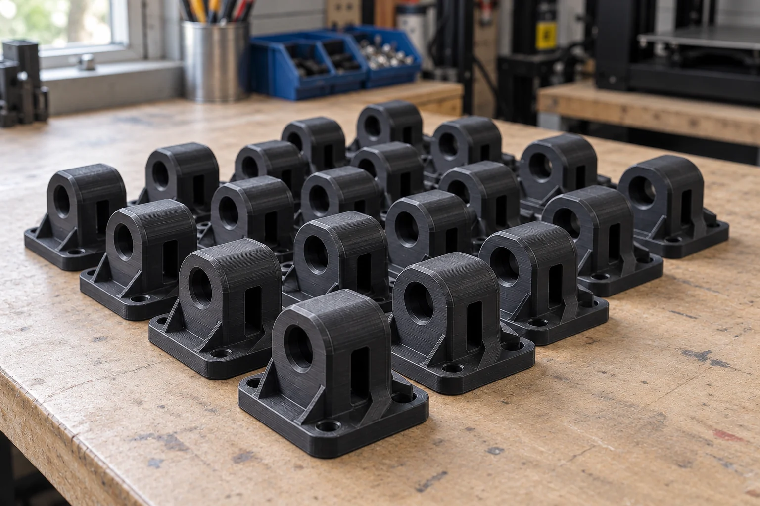 Neatly arranged dark technical plastic housings on a workshop table