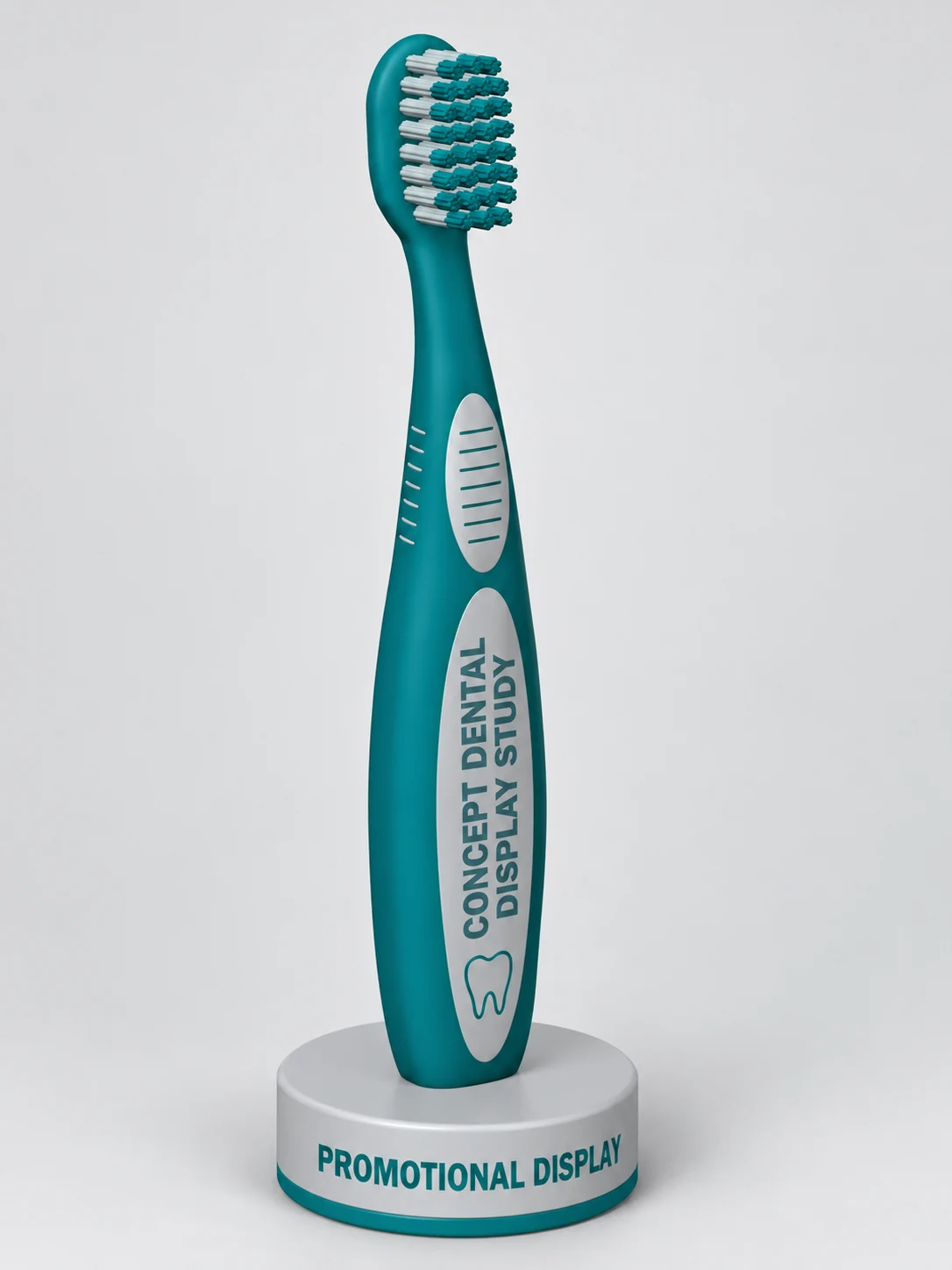 Teal and grey oversized toothbrush 3D model with generic sample text and a round base