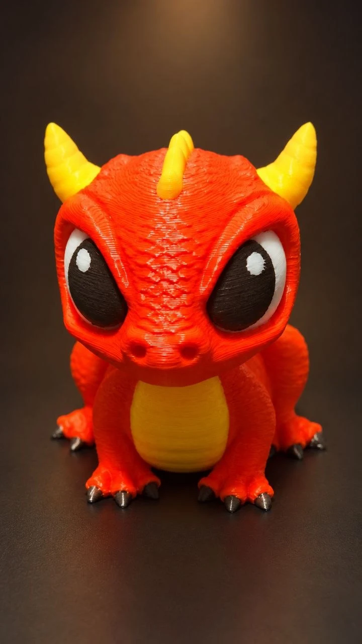 Red multicolour 3D-printed dragon with yellow horns and belly, black and white eyes and small claws