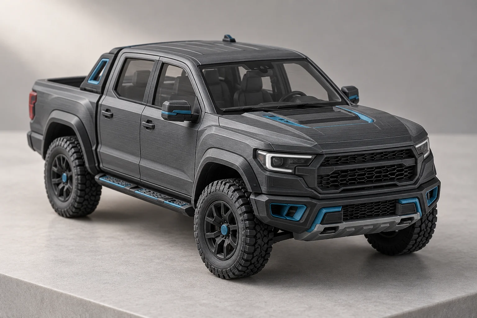 Anonymous grey miniature pickup truck with blue accents and no identifying markings