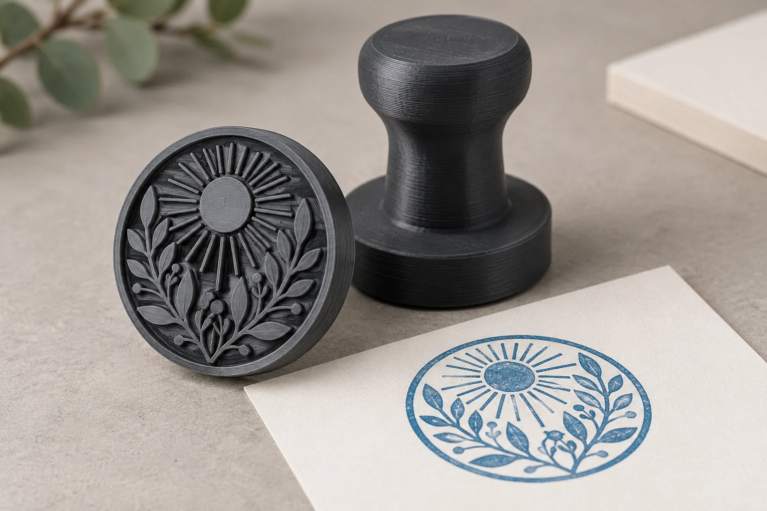 Dark custom stamp and a generic botanical impression on white paper
