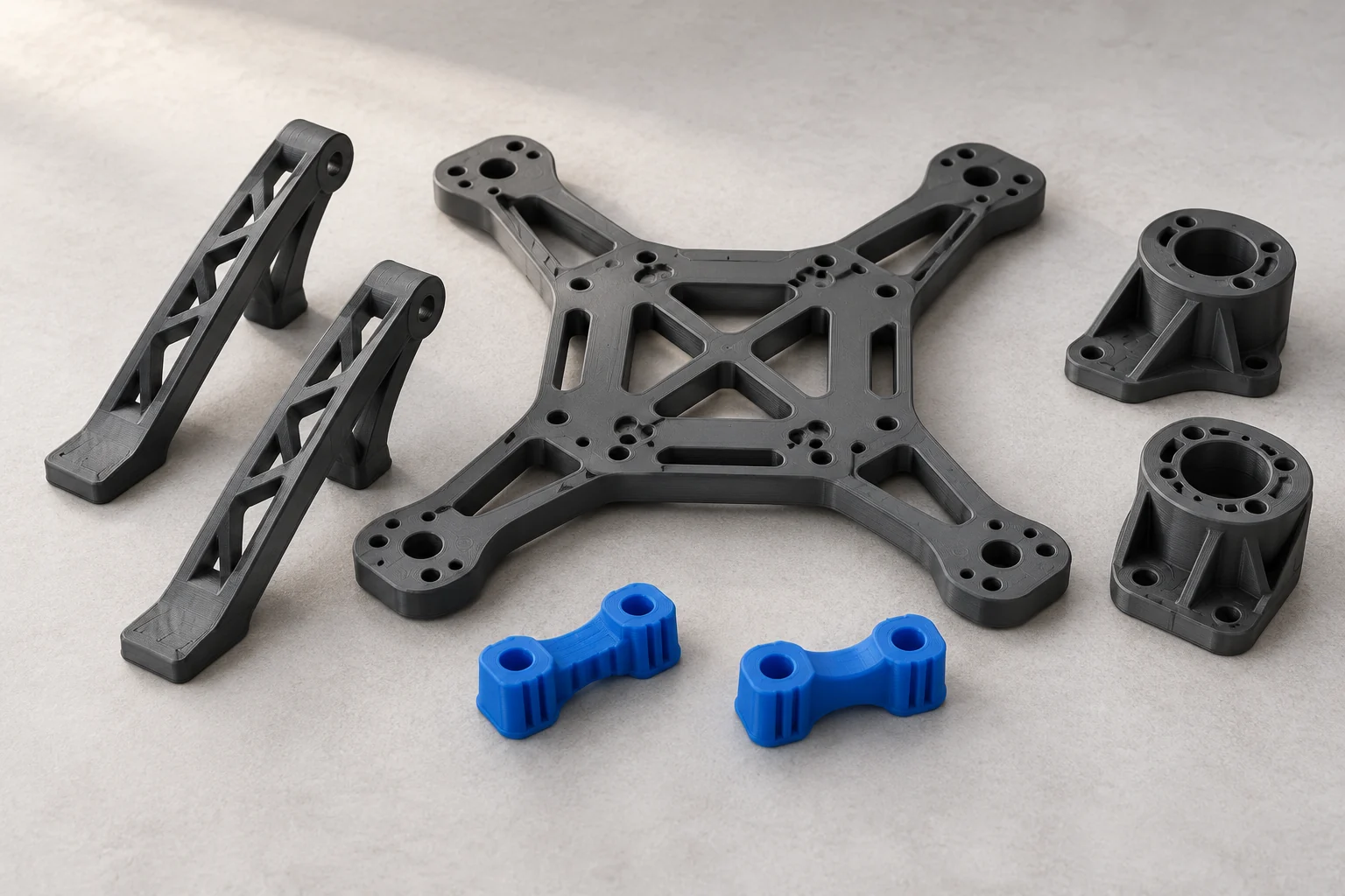Rigid dark quadcopter parts and blue flexible mounts arranged on a neutral workbench