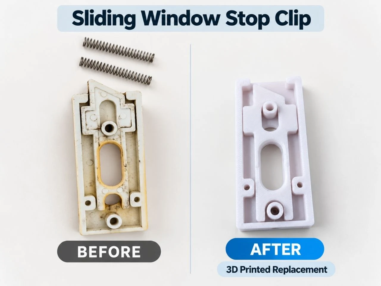 Before-and-after comparison of a worn sliding window stop clip on the left and a new white 3D-printed replacement on the right
