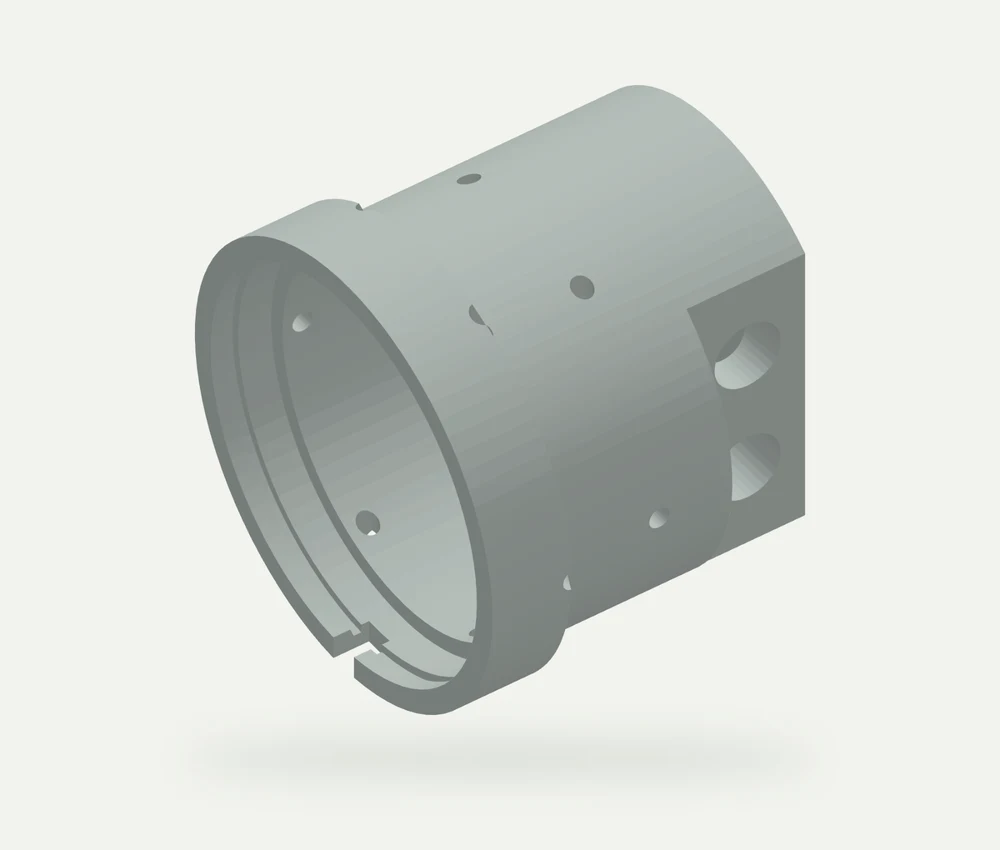 Light grey model render of a hollow equine equipment LED housing with a shaped rim, small holes and larger connection openings