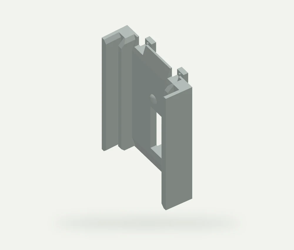 Light grey model render of the S-version printer cartridge slide showing its guide rails, tabs and mounting opening