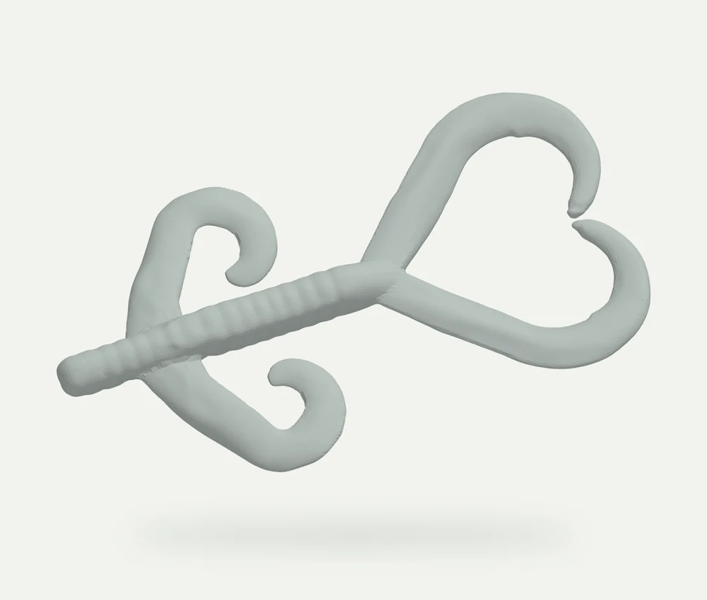 Light grey model render of a ribbed fishing lure body with curled flexible appendages